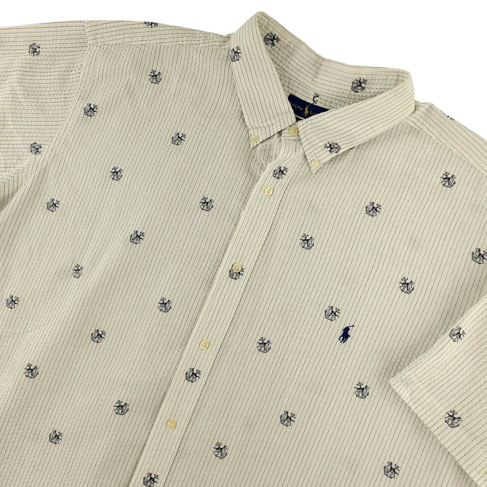 Ralph Lauren Shirt Mens 4XLT White Stripe Short Sleeve Button Down Nautical Dog